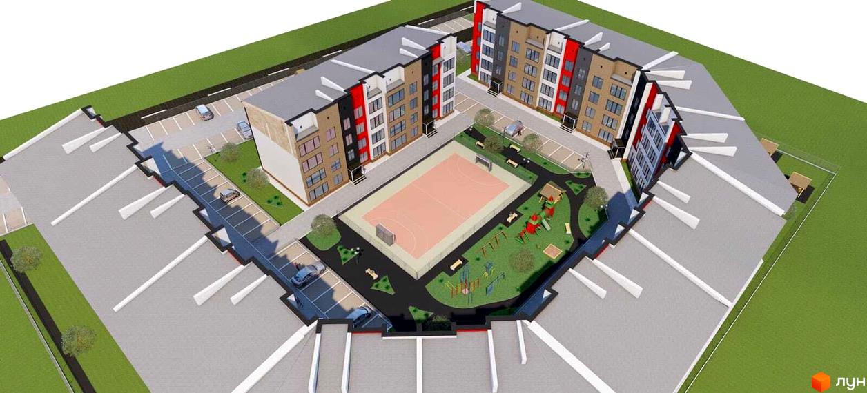 Житловий комплекс Калина: U-подібні будинки з фасадами бежевого, сірого, червоного. У дворі спортивний та дитячий майданчики, навколо – парковки.