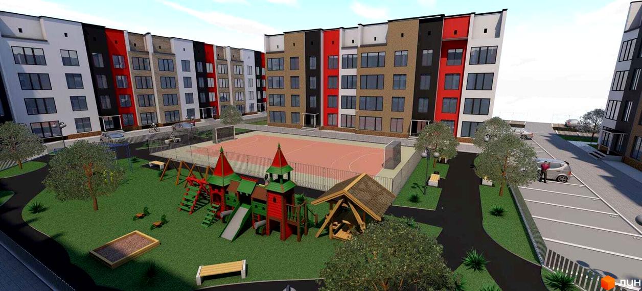 Зображення фасаду та прибудинкової території Житлового комплексу Калина. На території є дитячий майданчик та спортивне поле.