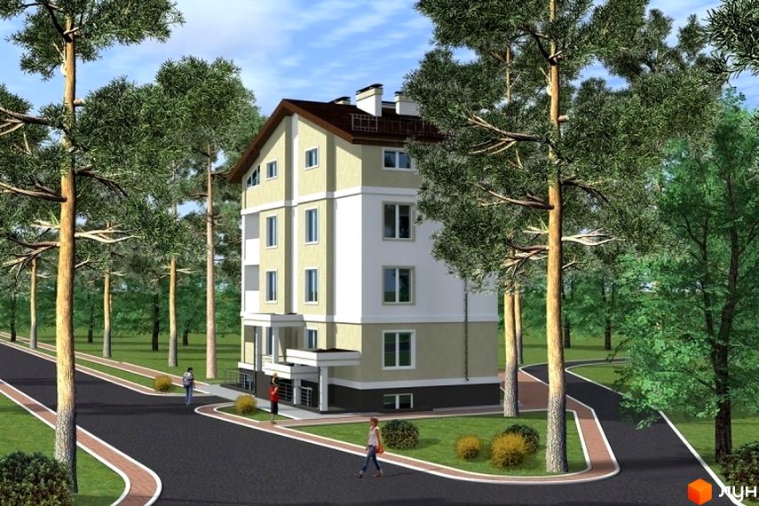 Зображення чотириповерхового будинку на вулиці Щаслива, 27. Навколо будинку дерева та пішохідні доріжки, що створюють затишну атмосферу Житлового комплексу.