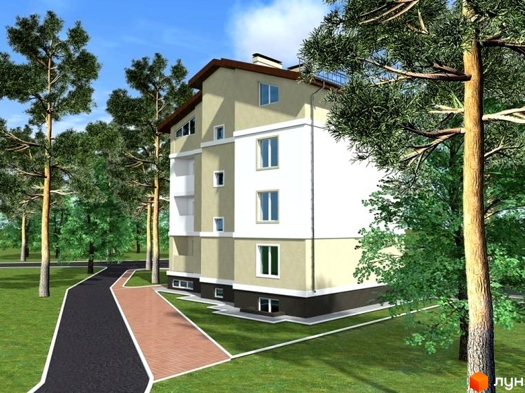 Зображення будинку по вул. Щаслива (Фрунзе), 27. Житловий комплекс з білими стінами та великими вікнами, оточений деревами та зеленою територією.