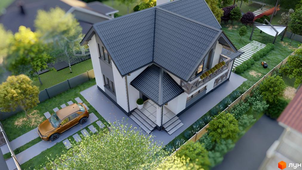 Вигляд на Котеджне містечко Екологічний з двоповерховим будинком з сірим дахом та доглянутою прибудинковою територією.