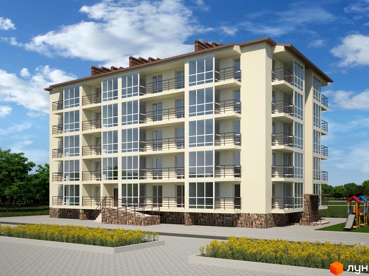 Зображення Житлового комплексу Європейський квартал. Багатоповерховий будинок з великими вікнами та балконами, видно частину прибудинкової території.