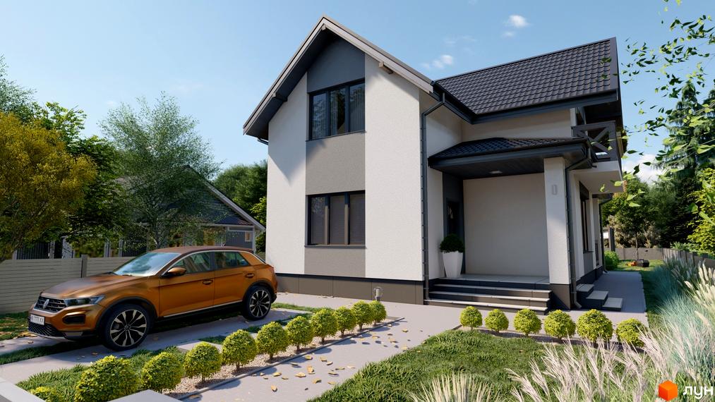 Двоповерховий будинок Котеджного містечка Екологічний з біло-сірим фасадом та темним дахом. Перед будинком розташований автомобіль, доріжка та доглянутий газон.