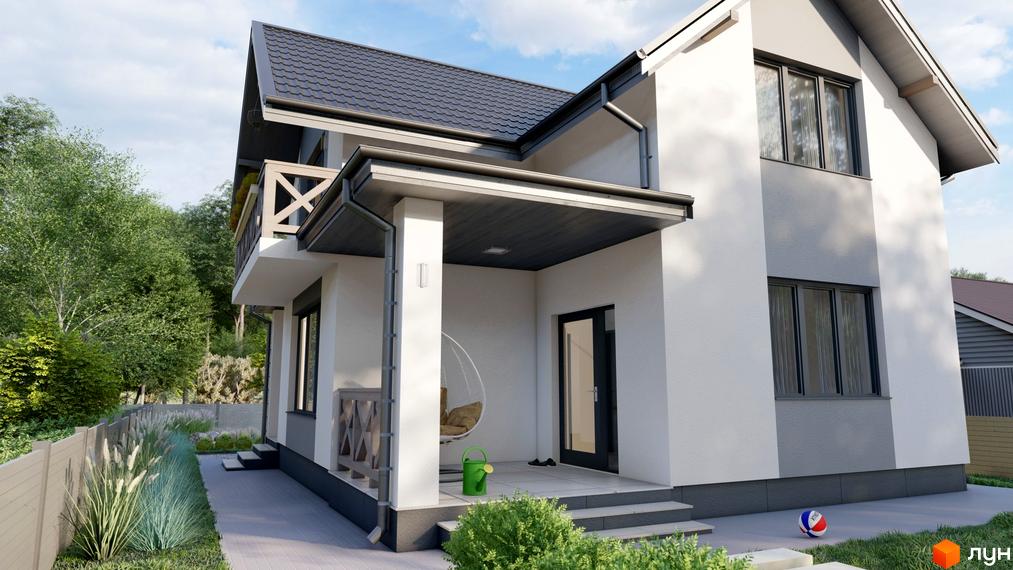 Двоповерховий будинок Котеджного містечка Екологічний з білим та сірим фасадом, темним дахом, балконом та ґанком. Прибудинкова територія озеленена.