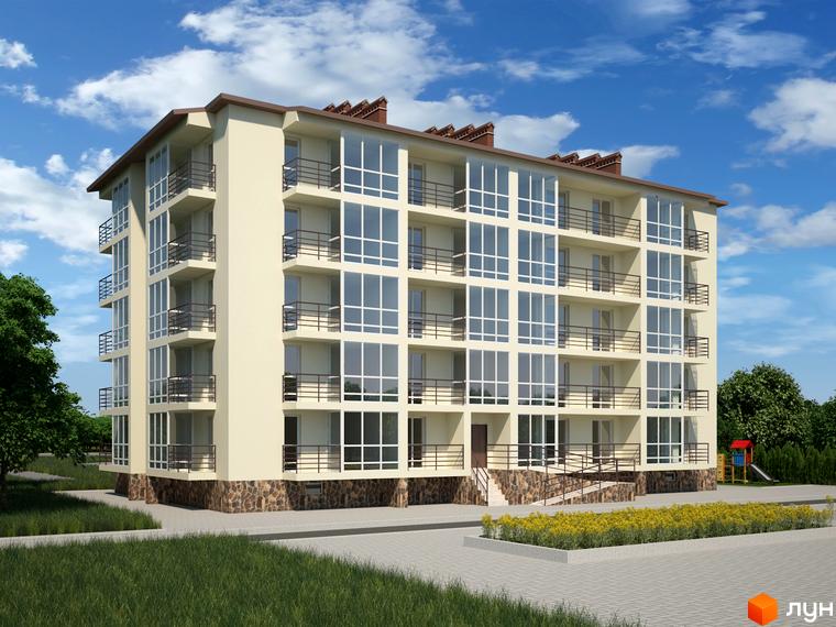 Зображення фасаду та прибудинкової території Житлового комплексу Європейський квартал. Багатоповерховий будинок з великими вікнами та балконами.