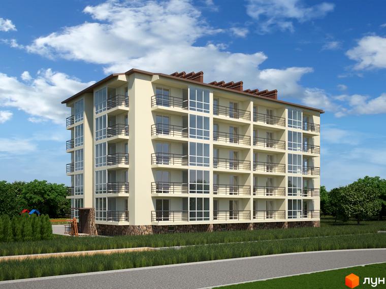 Зображення будинку в Житловому комплексі Європейський квартал. Багатоповерхова будівля з балконами та великими вікнами, зелена територія навколо.