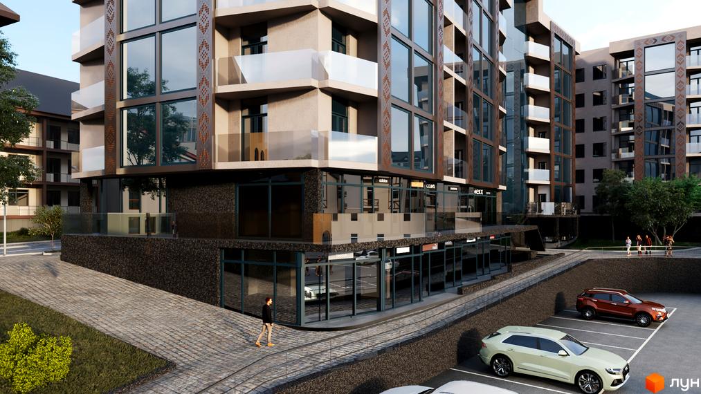 Зображення фасаду Апарт-комплексу AURA з великими вікнами та балконами. На передньому плані парковка з автомобілями.