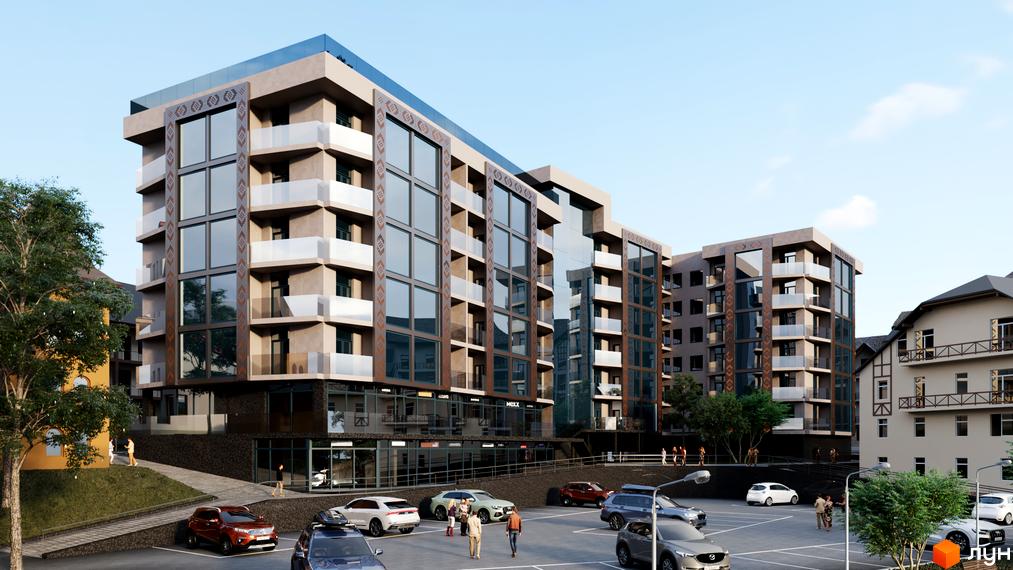 Фасад Апарт-комплексу AURA з багатоповерховими будинками, великими вікнами та вертикальними візерунковими вставками. Поруч парковка та дерева.