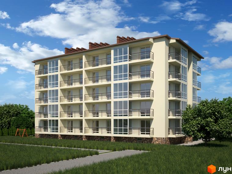 Зображення фасаду та прибудинкової території Житлового комплексу Європейський квартал. Багатоповерховий будинок з балконами та великими вікнами.