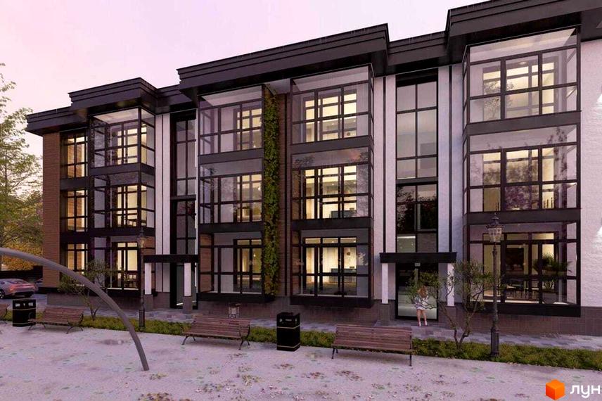 Клубний будинок KALTWASSER має багатоповерховий фасад з великими вікнами та темними рамами, доповнений вертикальним озелененням. Прибудинкова територія облаштована лавками, ліхтарями та доріжками.