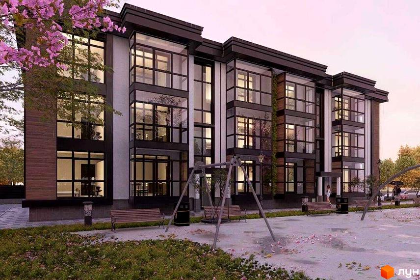 Зображення фасаду та прибудинкової території Житлового комплексу KALTWASSER. На передньому плані дитячий майданчик та лавки.