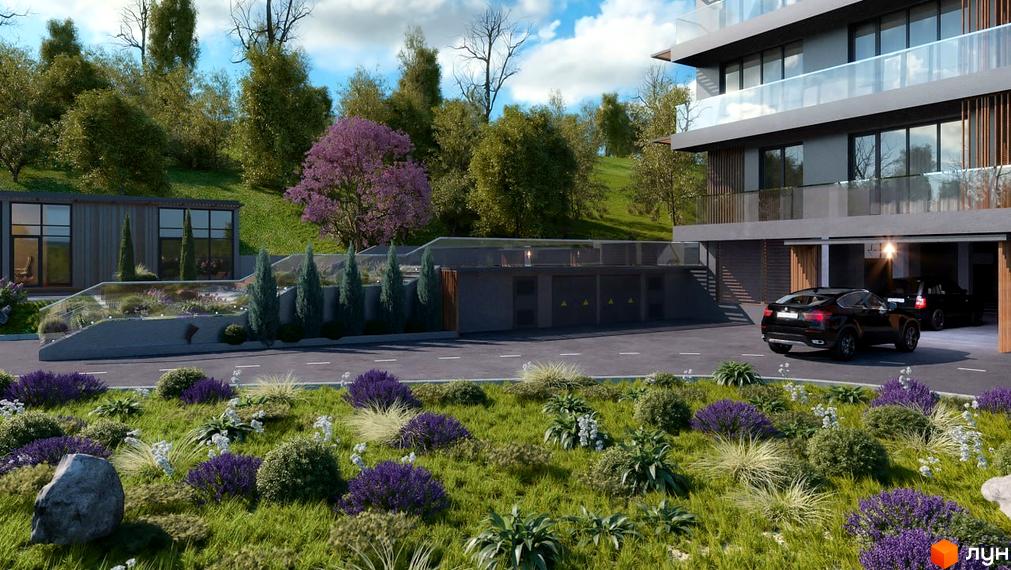 Зображення Житлового комплексу OZONE з прибудинковою територією та підземним паркінгом. На передньому плані ландшафтний дизайн.
