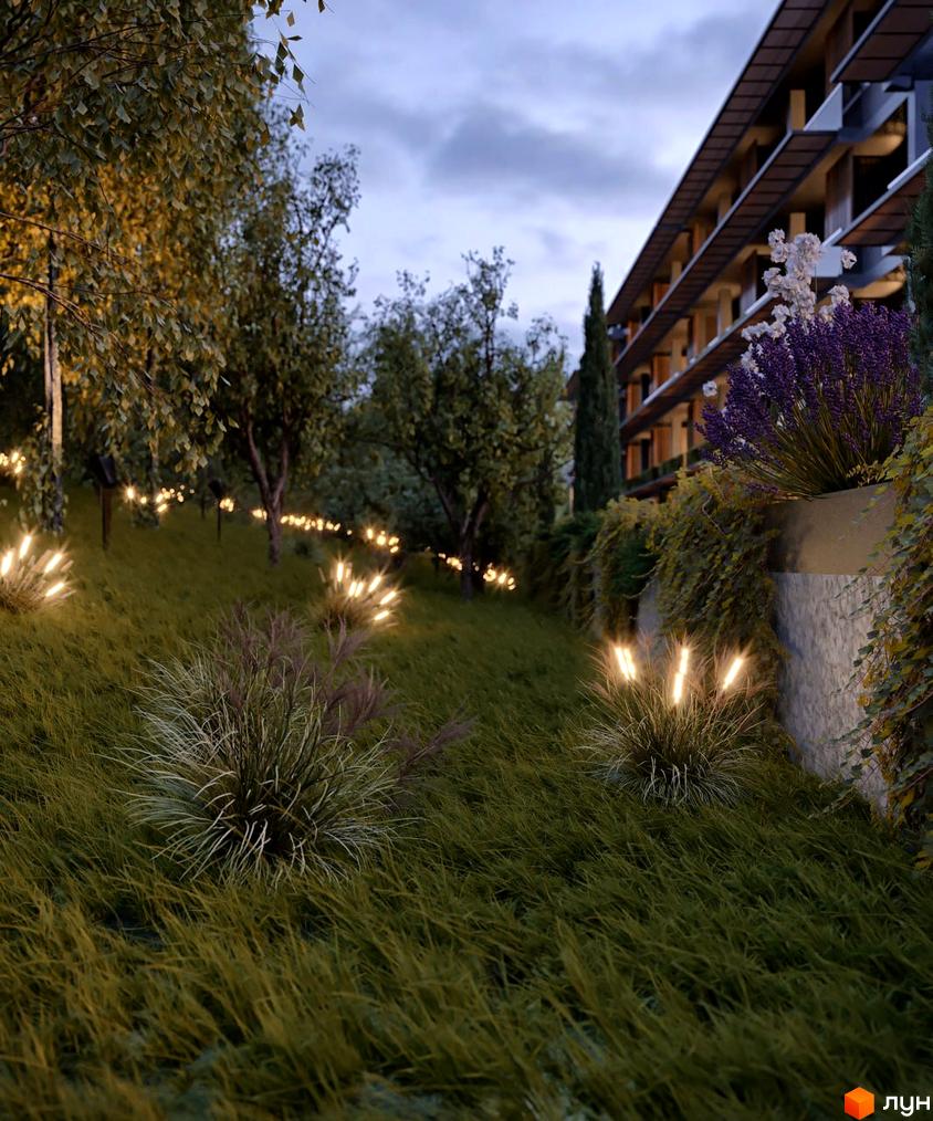 Зображення Житлового комплексу OZONE з фасадом та озелененою територією. Вигляд будинку з ландшафтним дизайном.