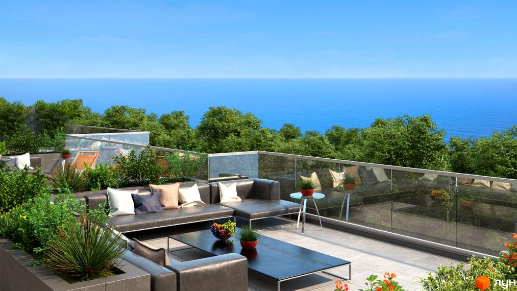 Зображення тераси з видом на море в Будівельному проєкті OZONE. На терасі розташовані м'які меблі та рослини.