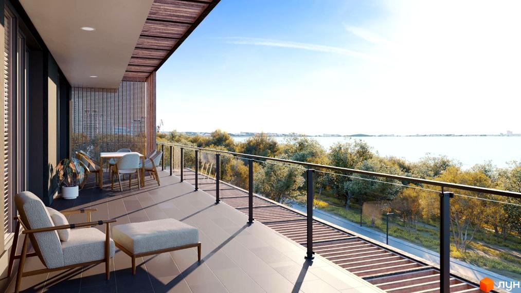 Вид з балкону на Житловий район OZONE з меблями та видом на воду. Навколо багато зелені.