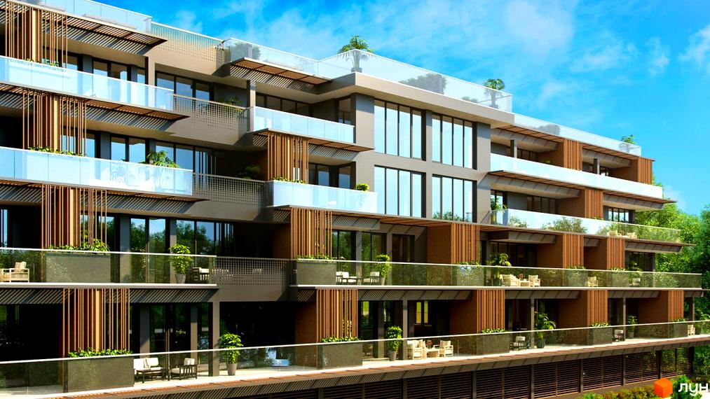 Фасад Житлового комплексу OZONE з терасами, скляними балконами та дерев'яними елементами. На терасах розташовані меблі та рослини.