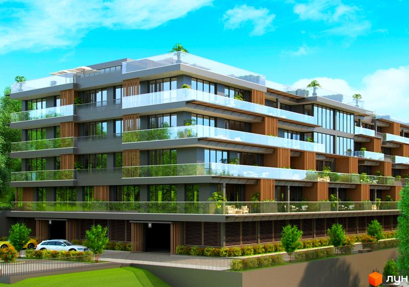 Зображення фасаду Новобудови OZONE з великими вікнами та скляними балконами. На передньому плані зелені насадження та парковка.