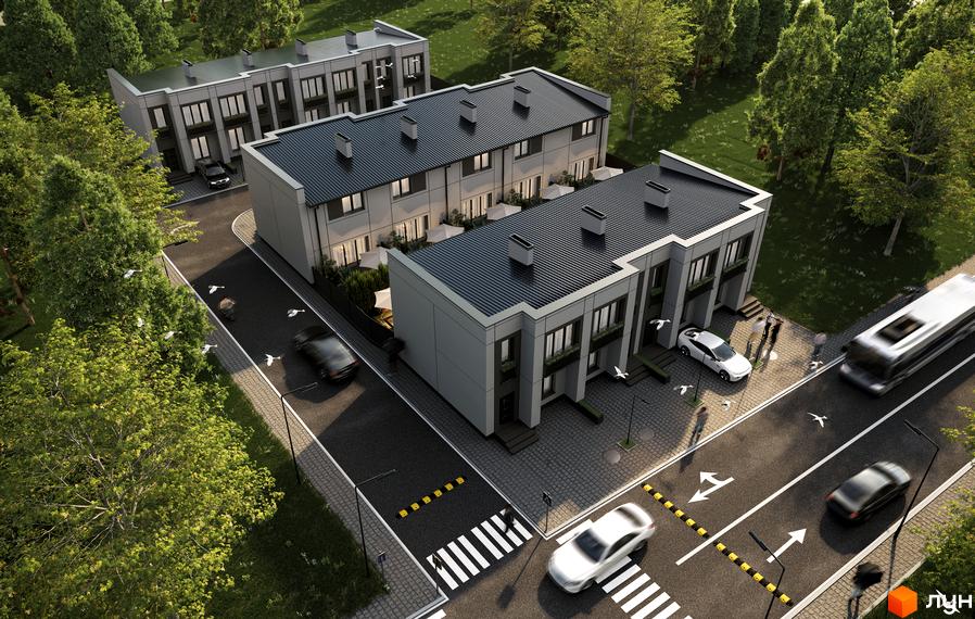 Зображення таунхаусів FLAGMAN RESIDENCE з виглядом на прибудинкову територію та дорогу з автомобілями.