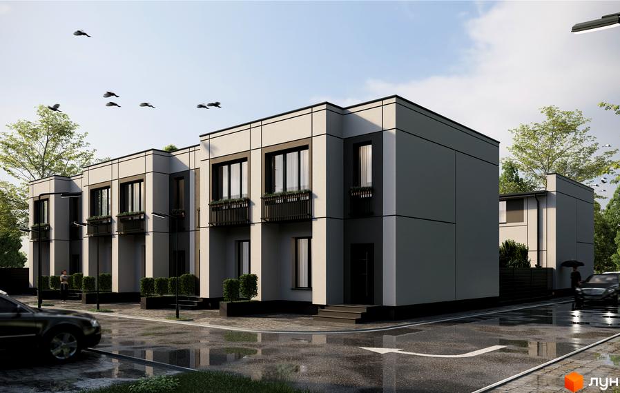 Зображення таунхаусів FLAGMAN RESIDENCE з фасадом у світлих тонах та панорамними вікнами. Навколо будівель зелені насадження.
