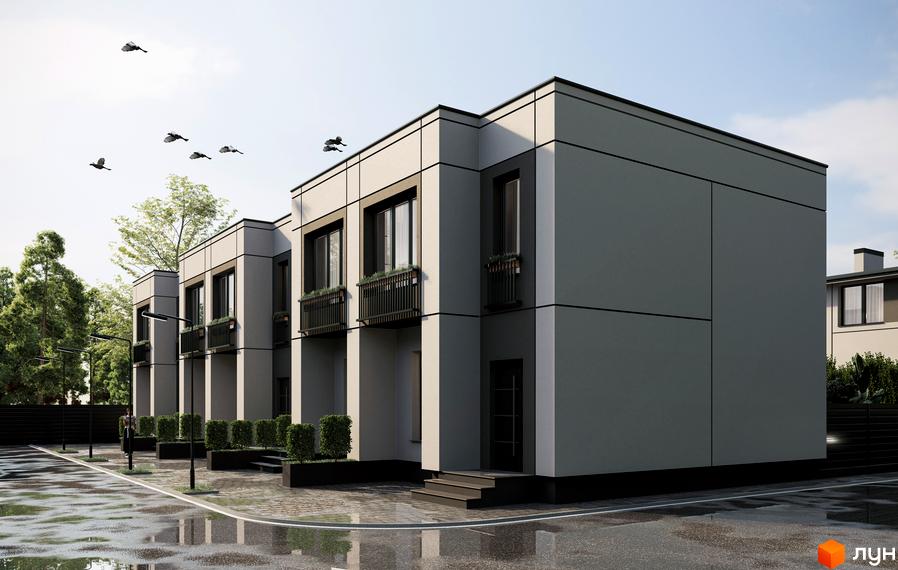 Зображення таунхаусів FLAGMAN RESIDENCE. Двоповерхові будинки з балконами та зеленими насадженнями на прибудинковій території.