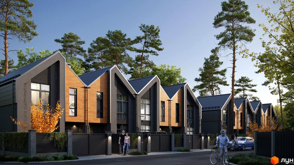 Зображення таунхаусів SohoPark. Вигляд будинків з двосхилими дахами та прибудинковою територією з огорожею.