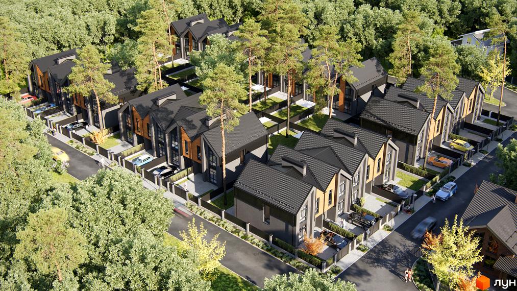 Зображення таунхаусів SohoPark з виглядом на дахи будинків та прибудинкову територію. Вигляд зверху на житловий район серед дерев.