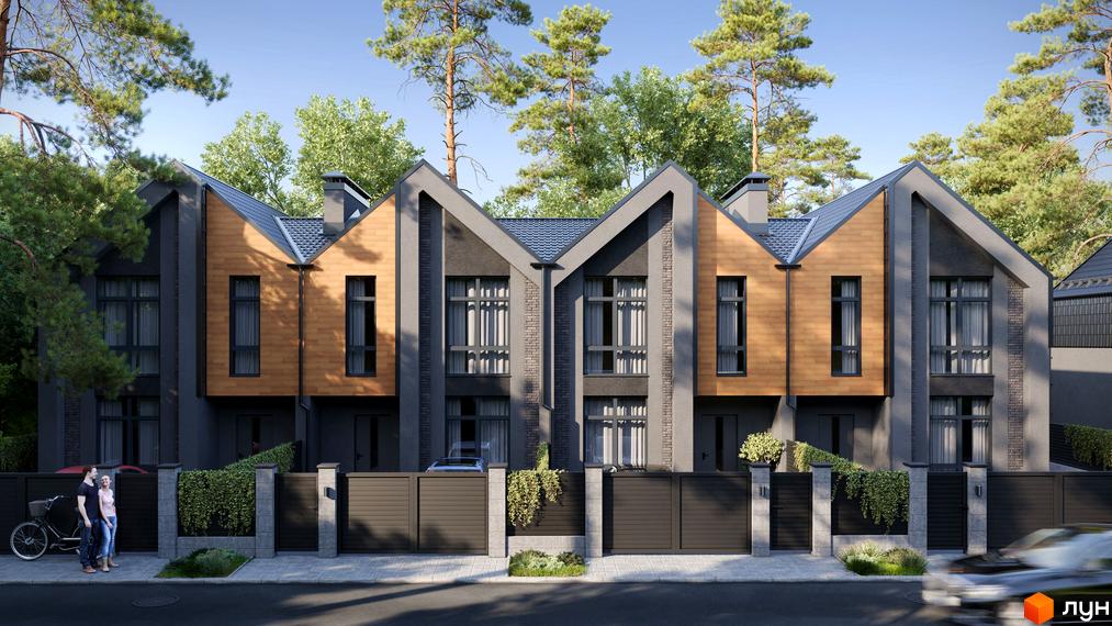 Зовнішній вигляд таунхаусів SohoPark з дерев'яним та цегляним оздобленням. На передньому плані зелені насадження та пішохідна зона.