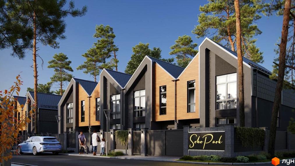 Зображення таунхаусів у Житловому районі SohoPark з темними дахами та дерев'яним оздобленням. На передньому плані доглянута територія.
