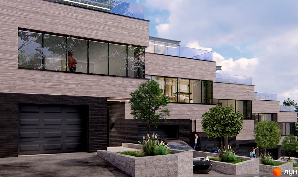 Зображення фасаду Котеджного містечка Каскад 2 з великими вікнами та гаражами. Навколо будинку висаджені декоративні рослини.