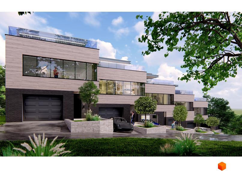 Зображення Котеджного містечка Каскад 2: триповерхові будинки з гаражами та великими вікнами, озеленена територія.