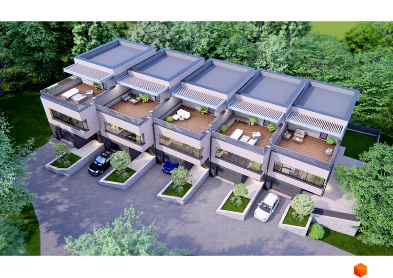 Зображення Котеджного містечка Каскад 2: будинки з терасами на даху та гаражами. Перед будинками висаджені дерева та є паркомісця.