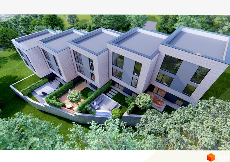 Зображення Котеджного містечка Cascade 2 з виглядом на фасади будинків та озеленену територію. Ландшафтний дизайн подвір'я.