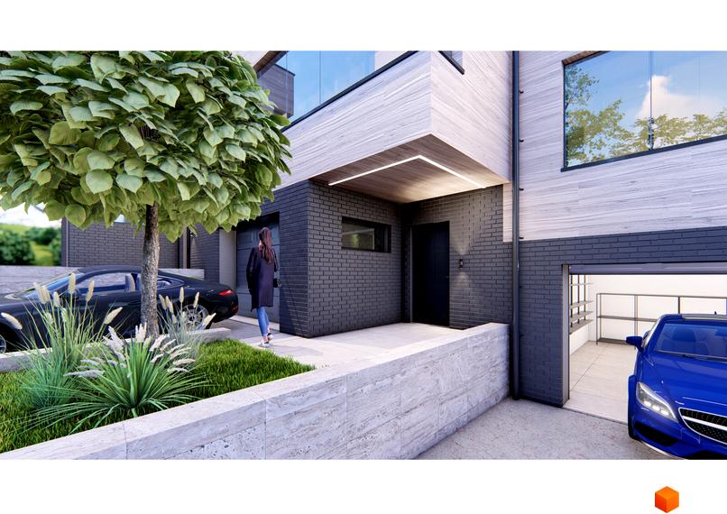 Фасад будинку Котеджного містечка Каскад 2 з темно-сірої цегли та світлих панелей. На території зелені насадження та парковка.