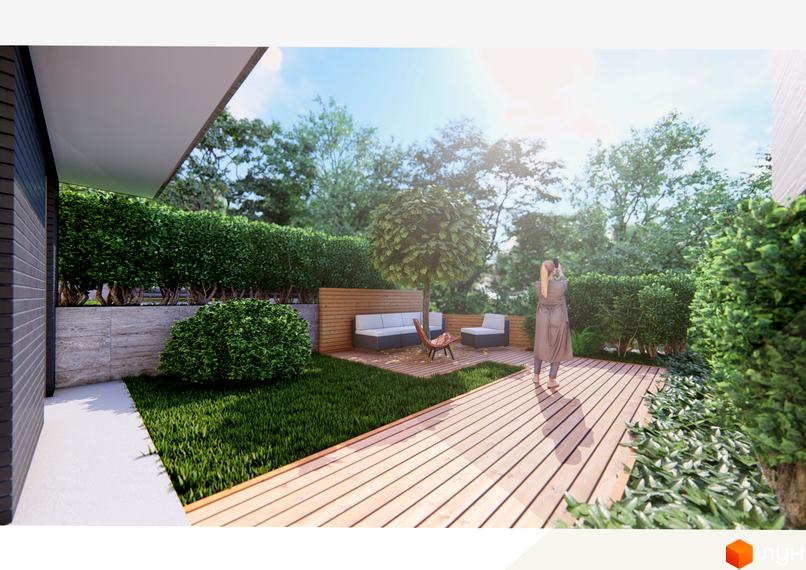 Котеджний комплекс Каскад 2: фрагмент будинку з темним фасадом, доглянута прибудинкова територія з дерев'яною терасою, газоном та зоною відпочинку.