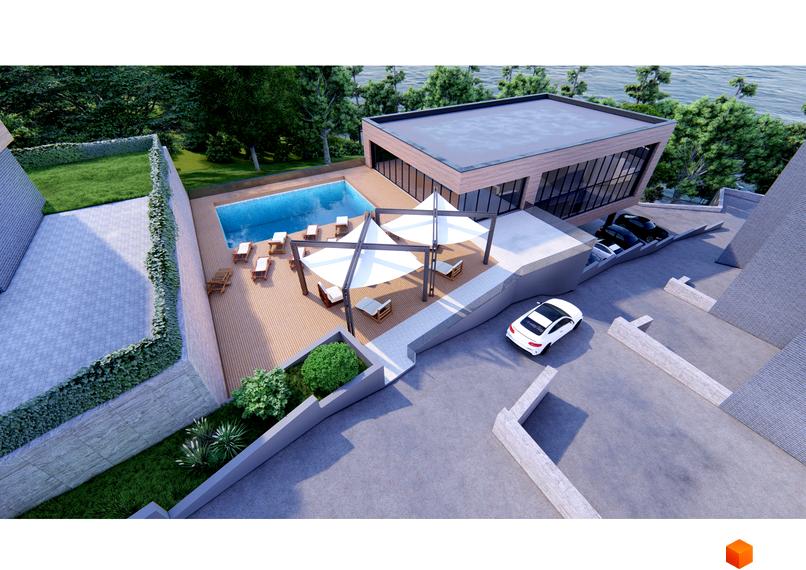 Зображення Котеджного містечка Каскад 2 з басейном та зоною відпочинку. На території парковка для автомобілів.