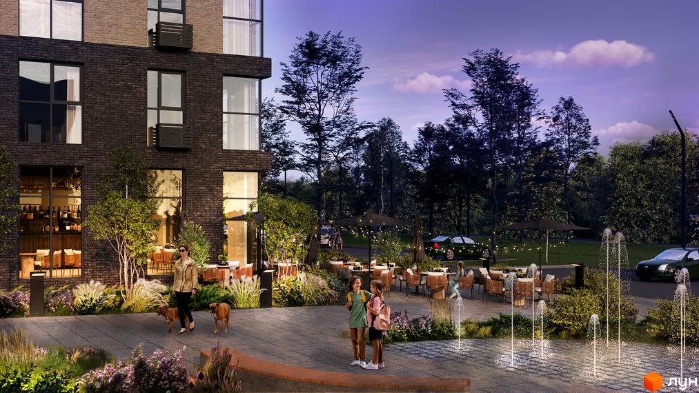 Житловий комплекс Sense City з цегляним фасадом та великими вікнами. Прибудинкова територія з фонтанами, зонами відпочинку та зеленими насадженнями.