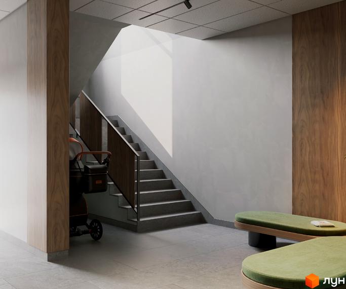 Інтер'єр ЖК Зелений: сходи, стіни з дерева, лавки для відпочинку. Простір для комфортного життя у новобудові.