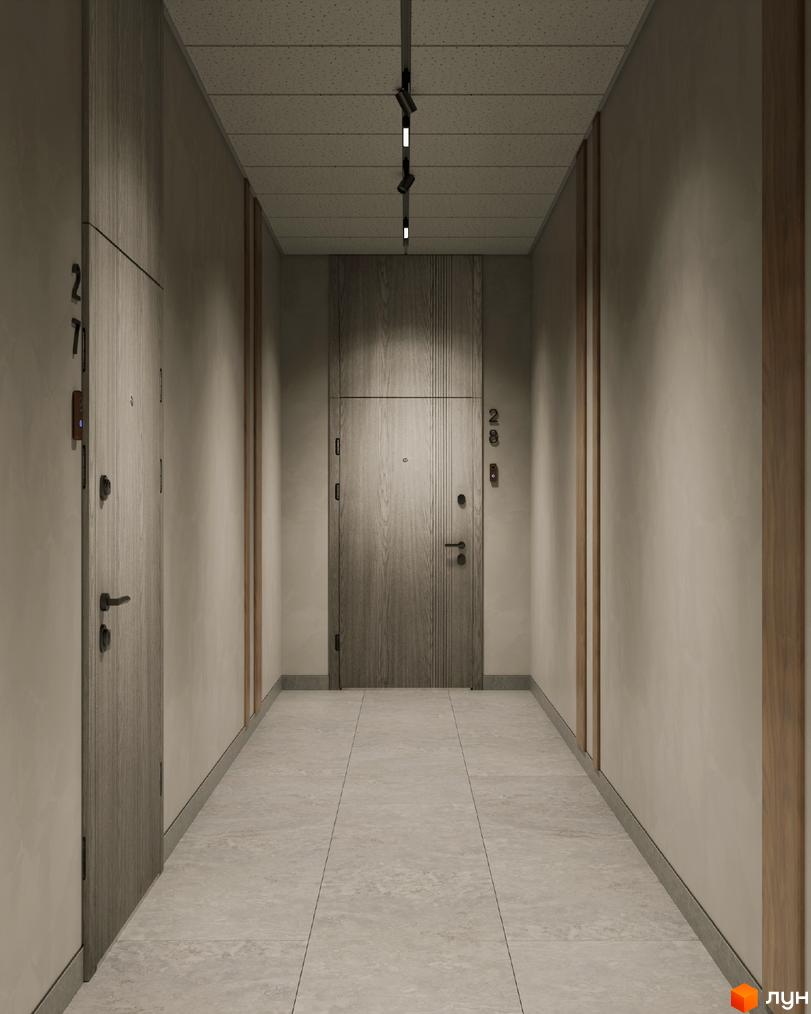 Коридор в новобудові. Світлі стіни, дерев'яні двері та підлога з плиткою створюють відчуття простору та елегантності. Освітлення підкреслює архітектурні деталі.