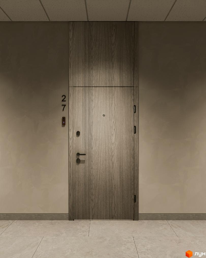 Двері в під'їзді з дерев'яним оздобленням, номер квартири 27. Підлога з плиткою, стіни світлого кольору.