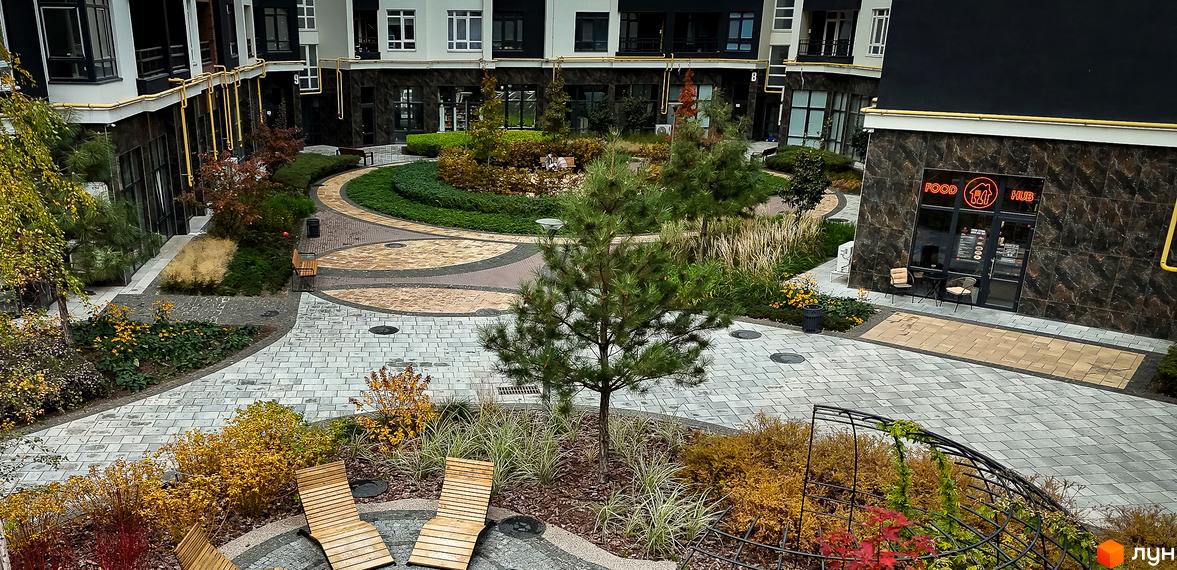 Зовнішній вигляд будинків ЖК Синергія Сіті з прибудинковою територією та ландшафтним дизайном. Зелені зони, доріжки та місця для відпочинку.