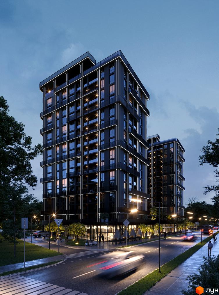 Зображення фасаду Новобудови PARK AVENUE premium з великими вікнами та балконами. Навколо пішохідні зони, дерева та освітлення.