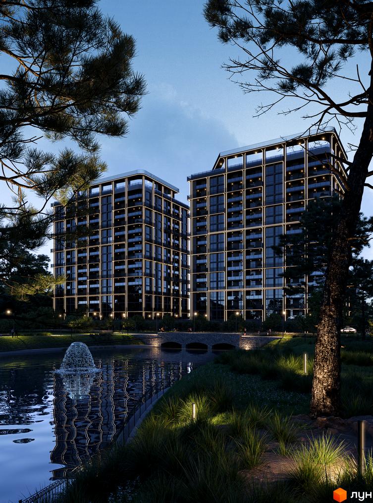 Зображення двох багатоповерхівок у ЖК PARK AVENUE premium з великими вікнами та підсвіткою. Навколо будинків зелена територія з озером.