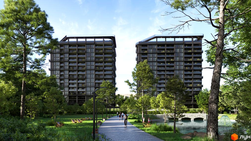 Зображення двох багатоповерхівок у Житловому комплексі PARK AVENUE premium. Навколо зелена територія з парком, озером та алеями.