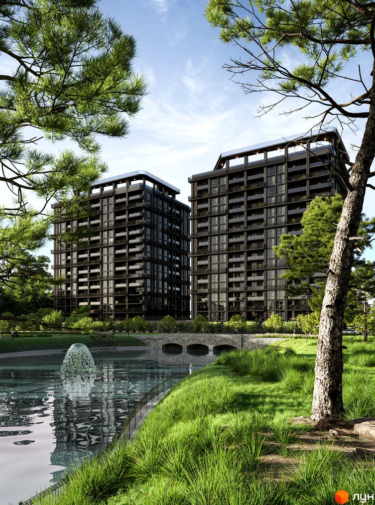 Зображення двох багатоповерхівок Житлового комплексу PARK AVENUE premium з великими вікнами та балконами, розташованих біля озера з фонтаном.