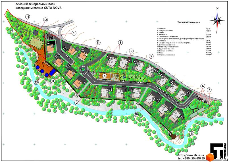 Генеральний план Котеджного містечка Guta Nova з розташуванням будинків, зон відпочинку, басейну та річки. Вигляд зверху на житловий комплекс.