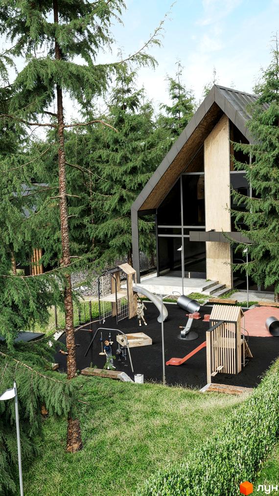 Житловий комплекс Guta Nova з великими вікнами та дерев'яним оздобленням. На території розташований дитячий майданчик серед сосен.