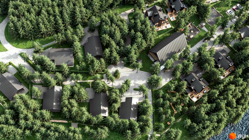 Вигляд зверху на будинки з темними дахами серед зелених дерев у Житловому комплексі Guta Nova. Навколо будинків облаштовані доріжки та газони.