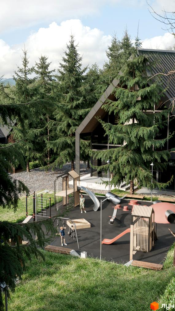 Житловий комплекс Guta Nova має будинок з темним дахом та великими вікнами. Прибудинкова територія оточена хвойними деревами, з дитячим майданчиком.