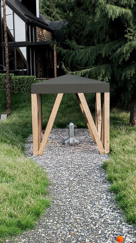 Зображення зони відпочинку з навісом та металевою конструкцією на території Житлового комплексу Guta Nova, поруч зелені насадження.