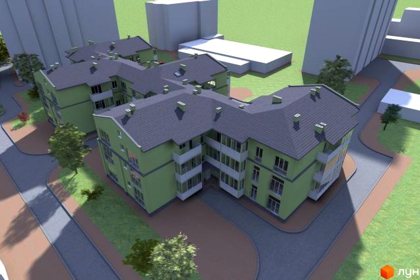 Зображення триповерхового будинку в Житловому комплексі Затишок. Навколо будинку розташована прибудинкова територія з газонами та тротуарами.